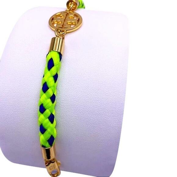 New Tory Burch Gold Logo, Green & Blue Rope Bracelet - Picture 5 of 10
